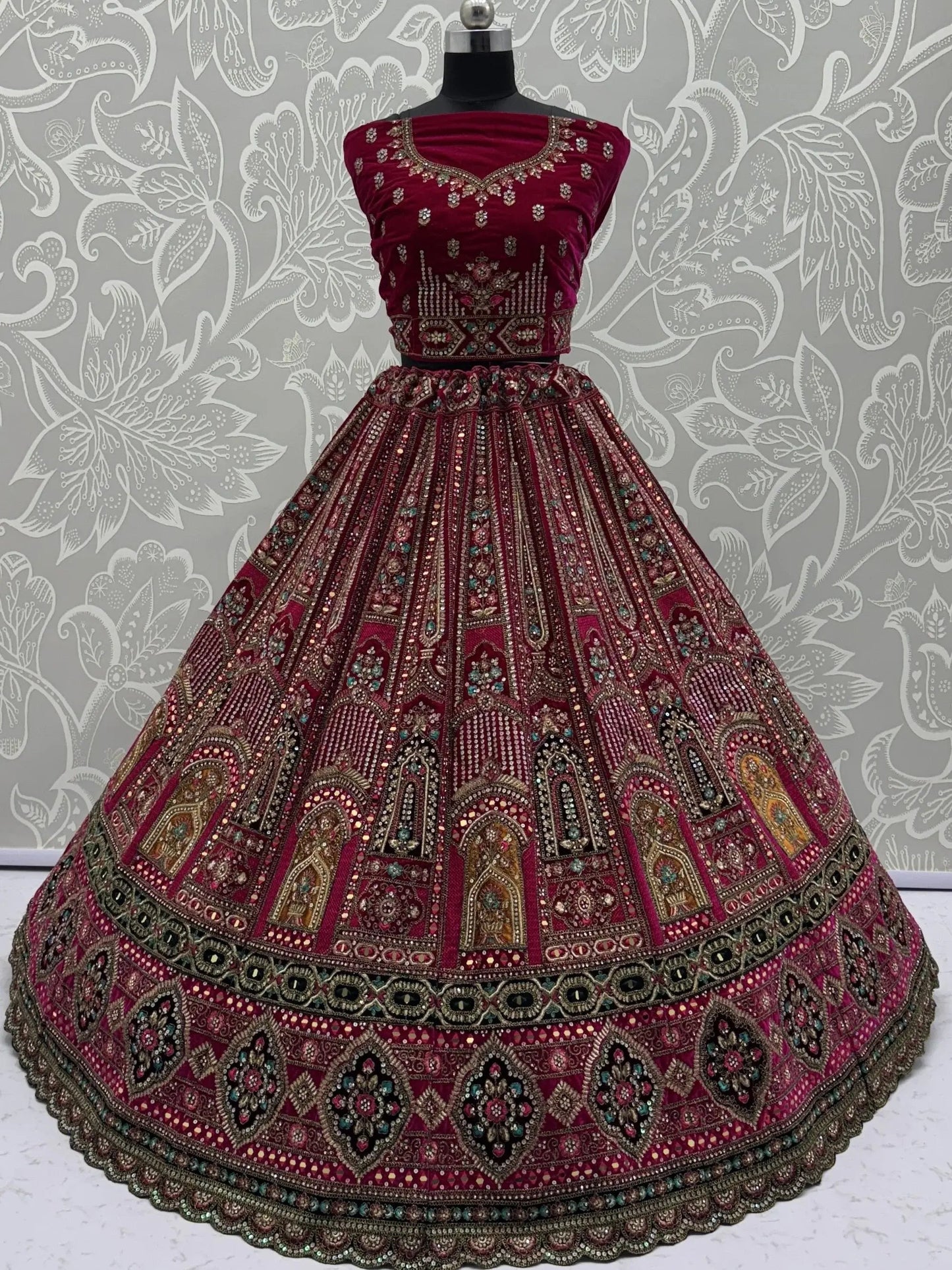 Lavish Pink Multi Thread Work Velvet Bridal Lehenga Choli With Double Dupatta