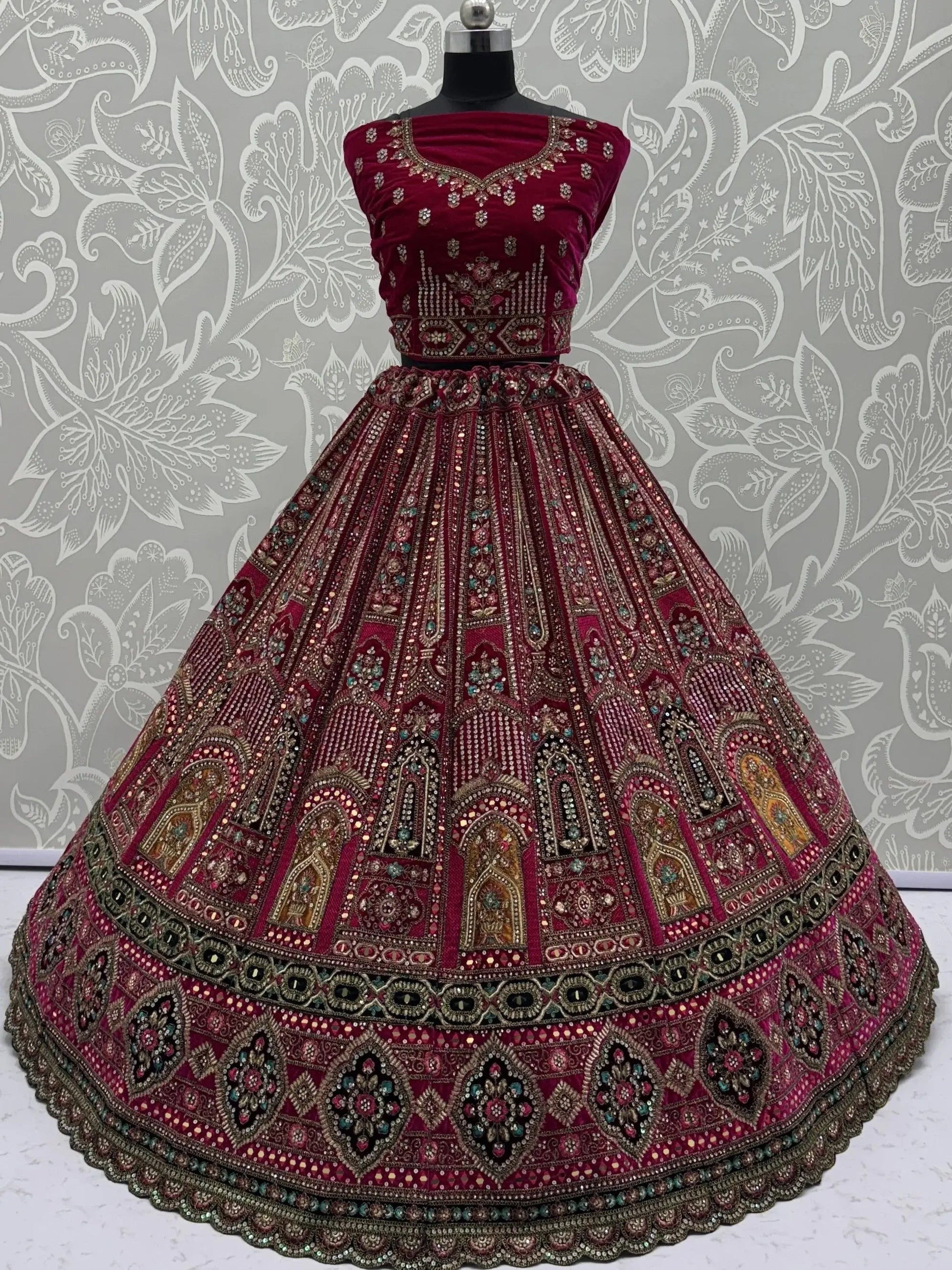 Lavish Pink Multi Thread Work Velvet Bridal Lehenga Choli With Double Dupatta
