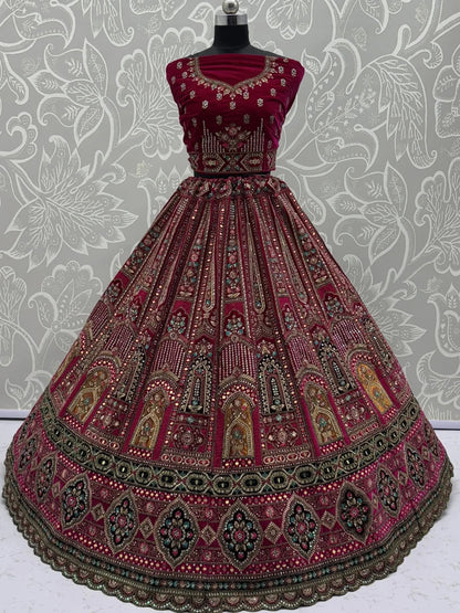 Lavish Pink Multi Thread Work Velvet Bridal Lehenga Choli With Double Dupatta
