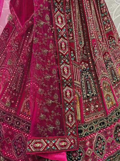 Lavish Pink Multi Thread Work Velvet Bridal Lehenga Choli With Double Dupatta