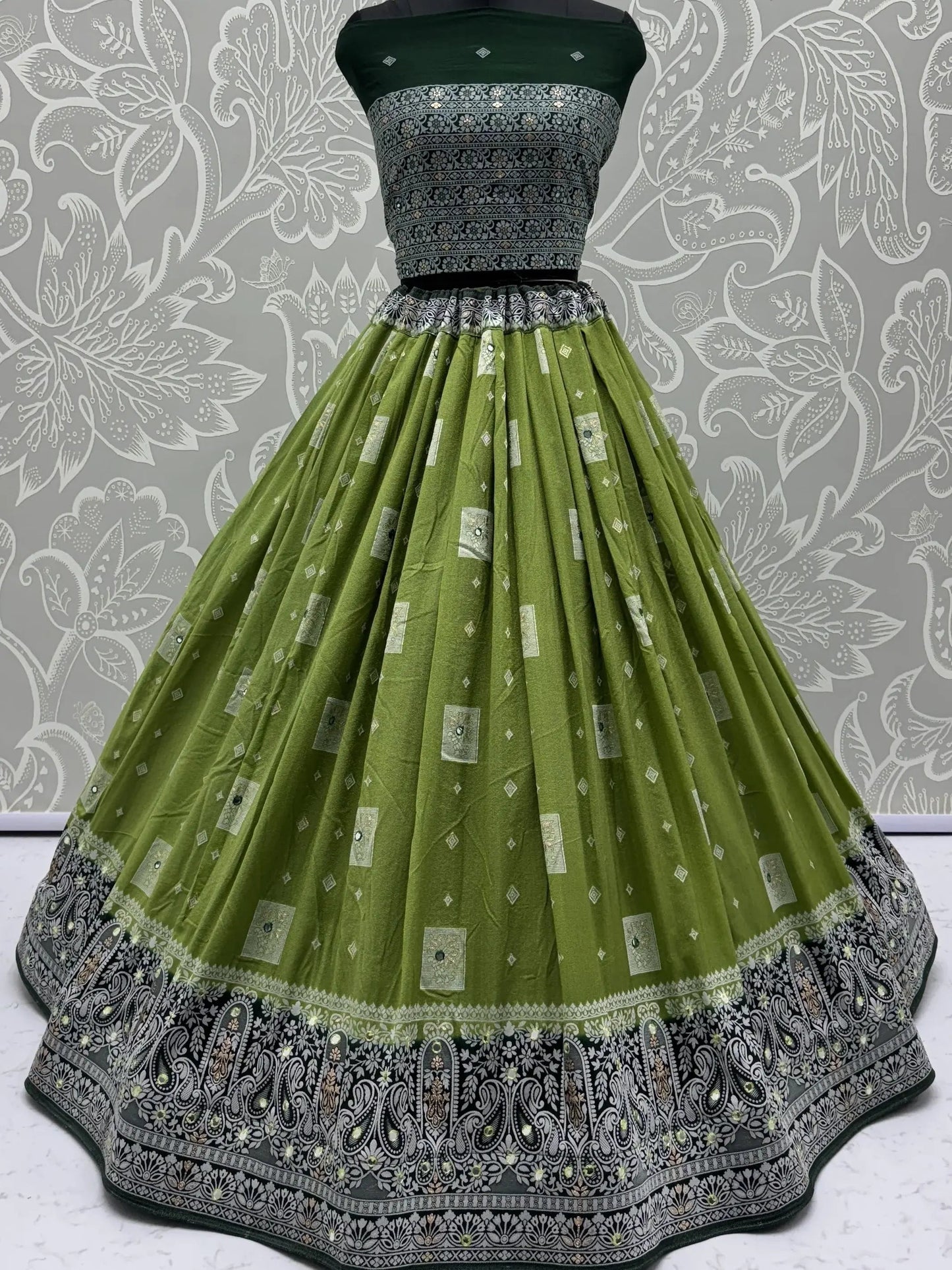 Lovely Olive Green Mirror Work Georgette Lehenga Choli With Dupatta