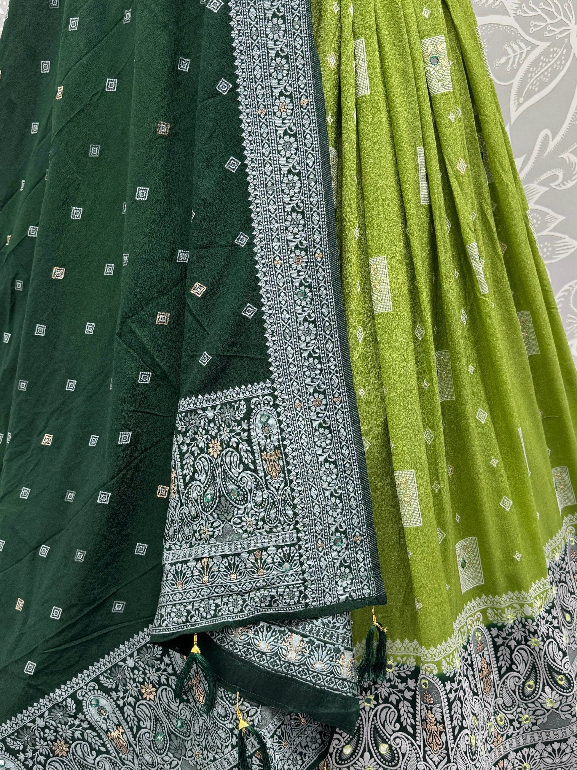 Lovely Olive Green Mirror Work Georgette Lehenga Choli With Dupatta