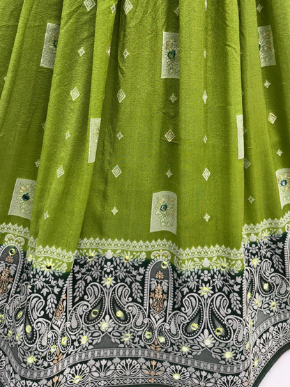 Lovely Olive Green Mirror Work Georgette Lehenga Choli With Dupatta