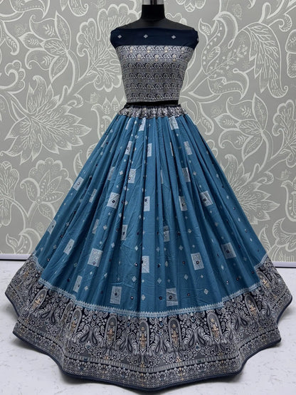 Timeless Sky Blue Mirror Work Georgette Festive Wear Lehenga Choli With Dupatta