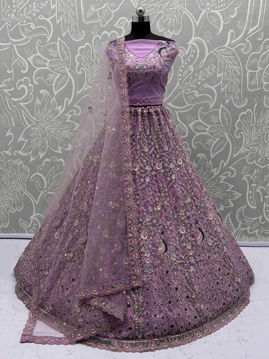 Astonishing Purple Zari Embroidered Net Engagement Wear Lehenga Choli