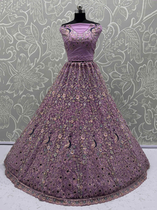 Astonishing Purple Zari Embroidered Net Engagement Wear Lehenga Choli