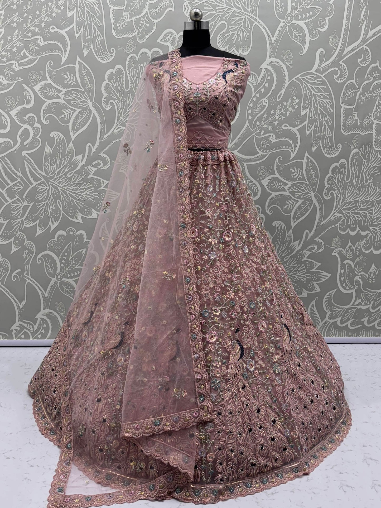 Outstanding Peach Zircon Work Net Bridesmaid Lehenga With Blouse