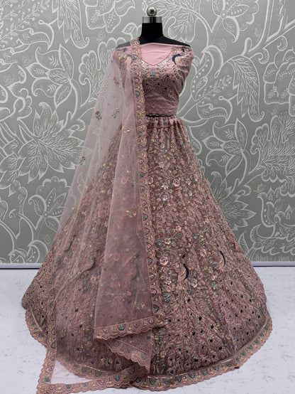 Outstanding Peach Zircon Work Net Bridesmaid Lehenga With Blouse