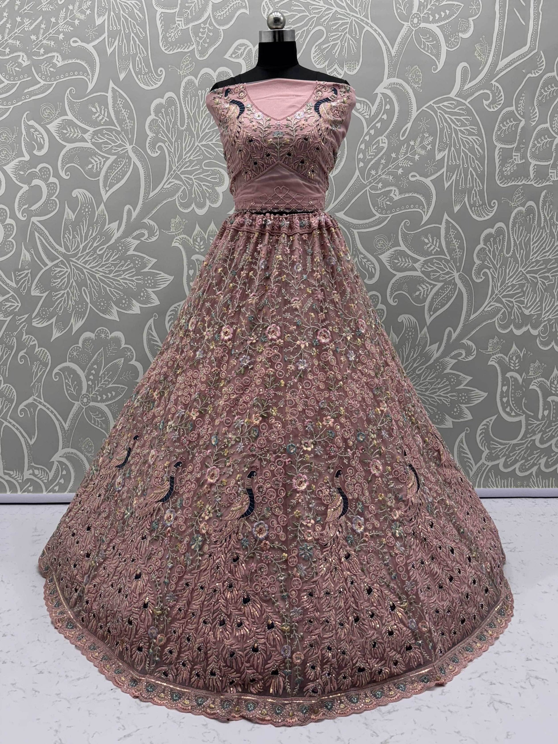 Outstanding Peach Zircon Work Net Bridesmaid Lehenga With Blouse