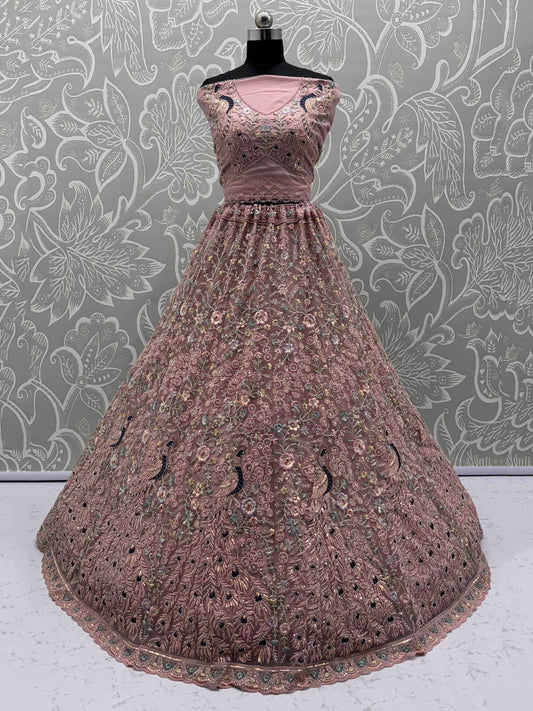 Outstanding Peach Zircon Work Net Bridesmaid Lehenga With Blouse