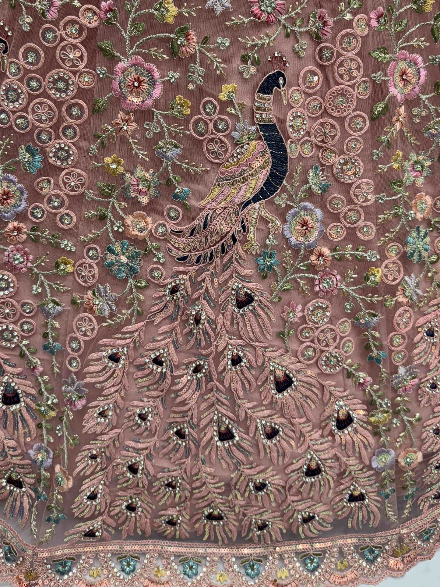 Outstanding Peach Zircon Work Net Bridesmaid Lehenga With Blouse