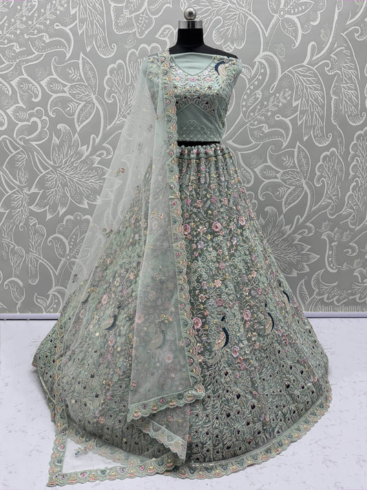 Awesome Sky Blue Sequins Net Wedding Wear Lehenga Choli With Dupatta