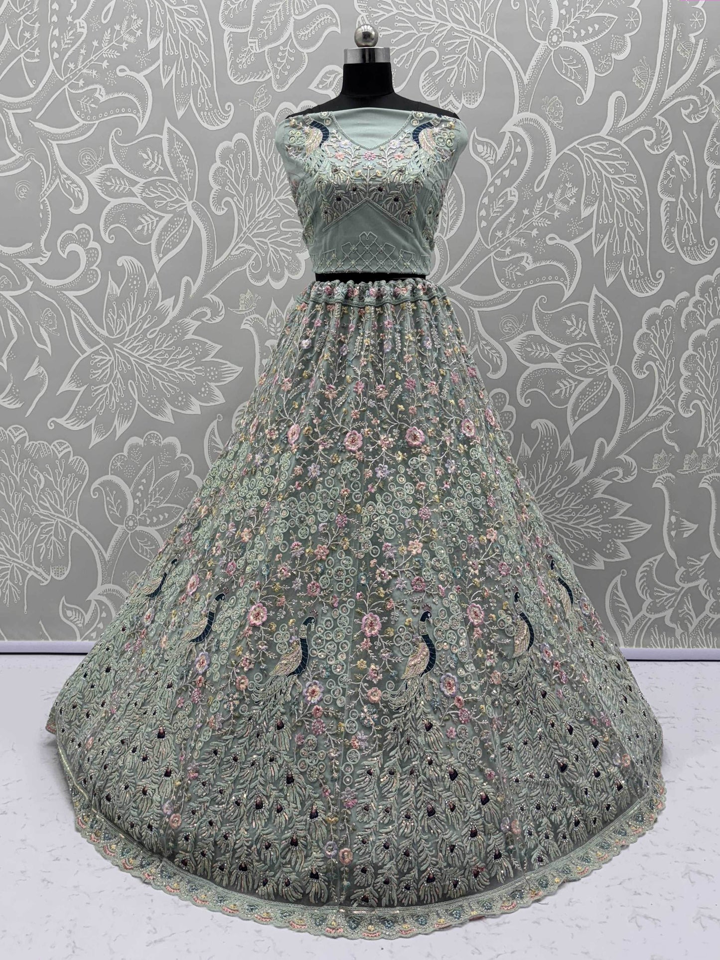 Awesome Sky Blue Sequins Net Wedding Wear Lehenga Choli With Dupatta