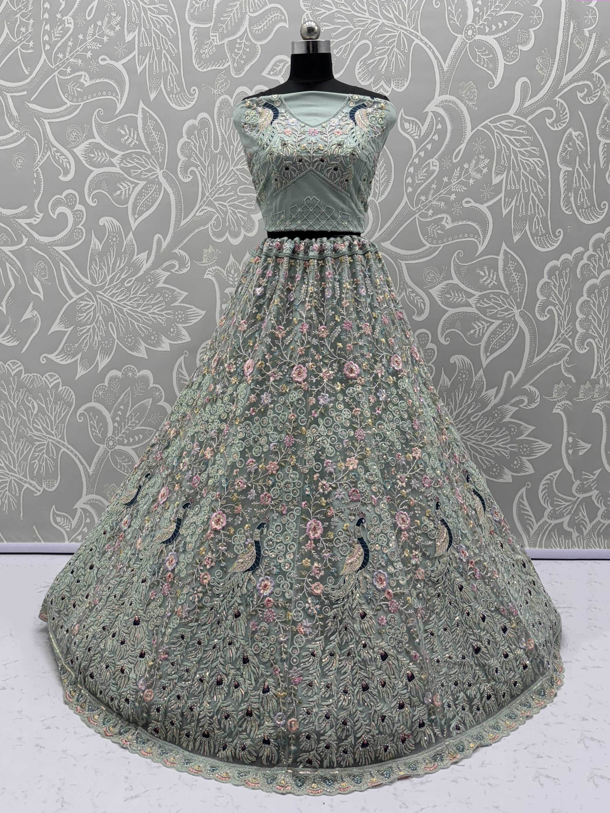 Awesome Sky Blue Sequins Net Wedding Wear Lehenga Choli With Dupatta