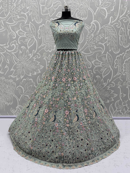 Awesome Sky Blue Sequins Net Wedding Wear Lehenga Choli With Dupatta