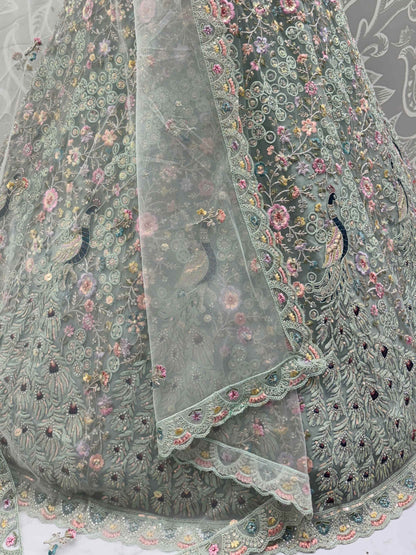Awesome Sky Blue Sequins Net Wedding Wear Lehenga Choli With Dupatta