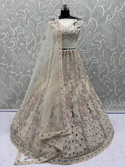 Stupendous White Thread Work Net Reception Wear Lehenga Choli With Dupatta