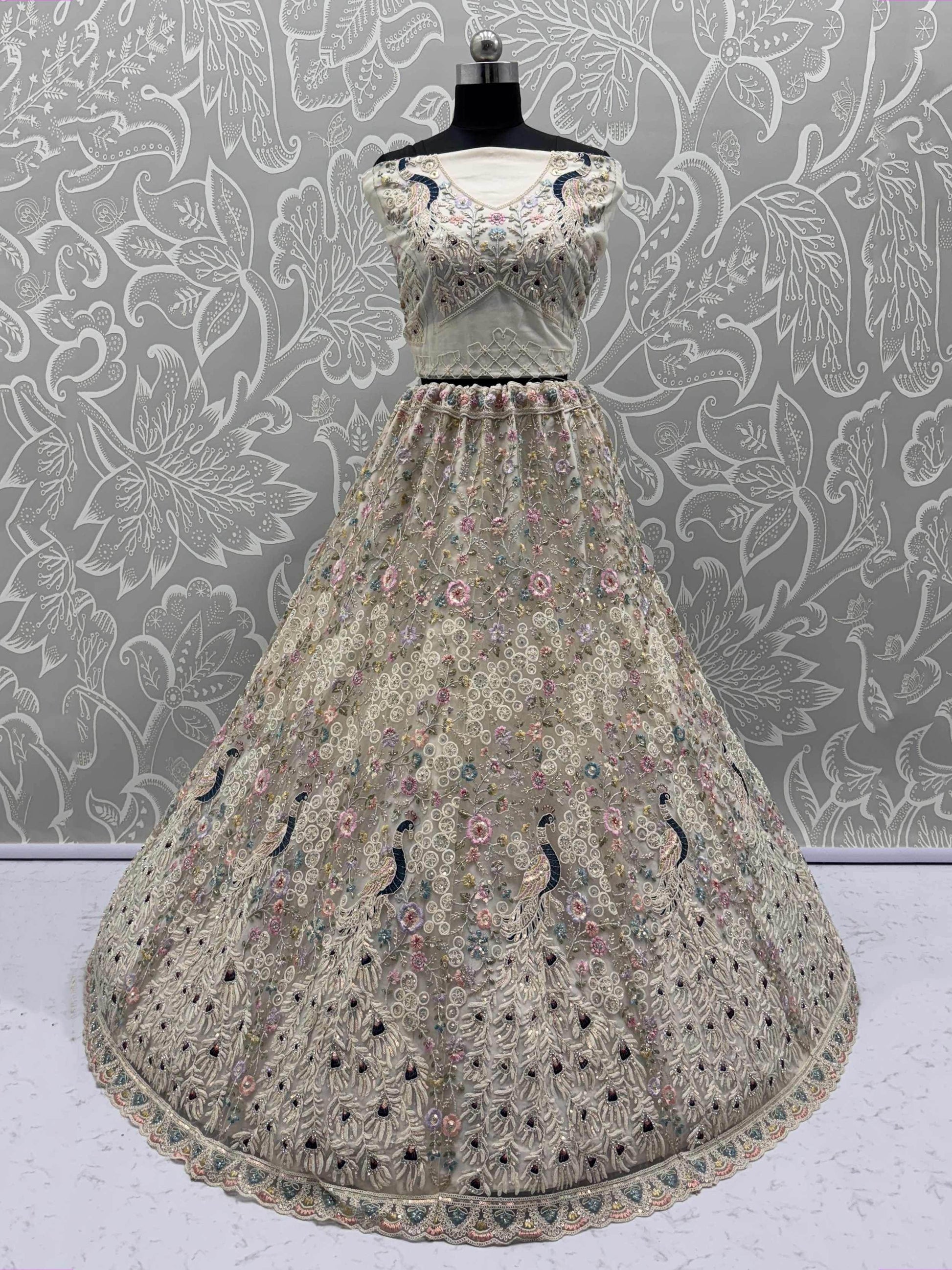Stupendous White Thread Work Net Reception Wear Lehenga Choli With Dupatta