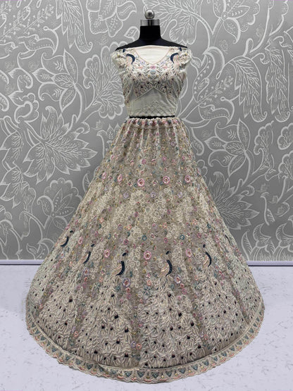Stupendous White Thread Work Net Reception Wear Lehenga Choli With Dupatta