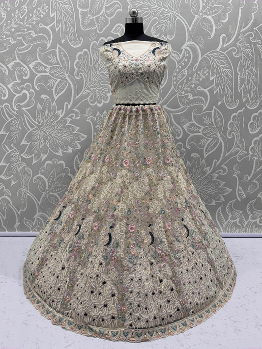 Stupendous White Thread Work Net Reception Wear Lehenga Choli With Dupatta