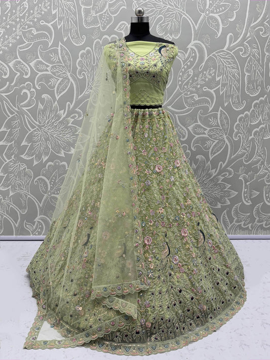 Pretty Green Zircon Work Net Sangeet Wear Lehenga Choli With Dupatta
