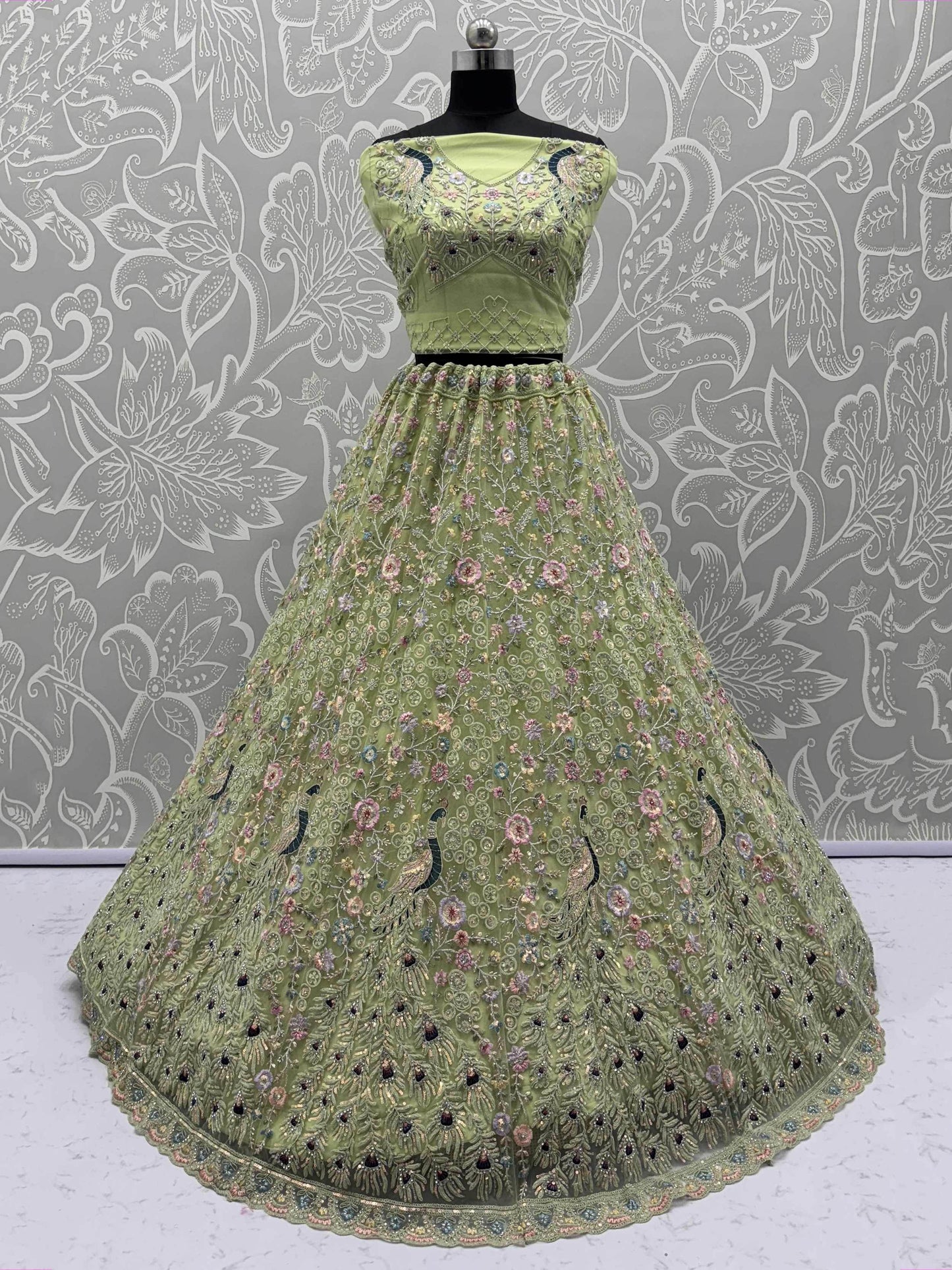 Pretty Green Zircon Work Net Sangeet Wear Lehenga Choli With Dupatta