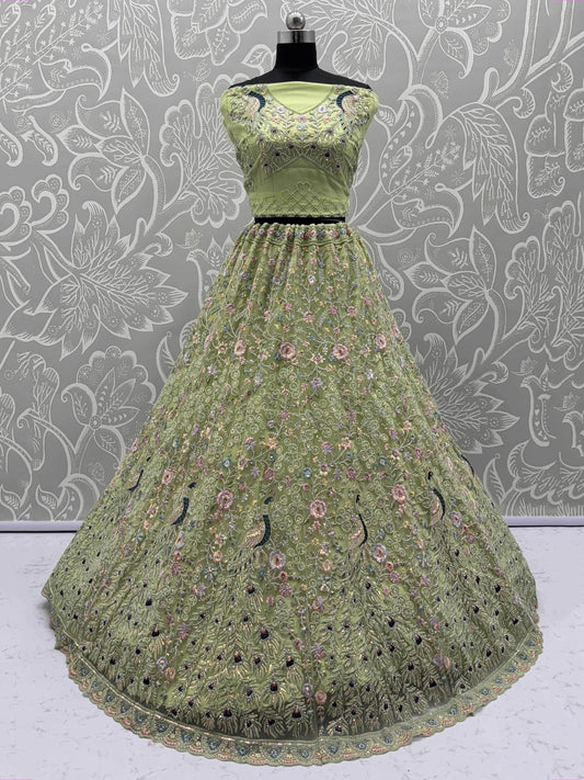 Pretty Green Zircon Work Net Sangeet Wear Lehenga Choli With Dupatta