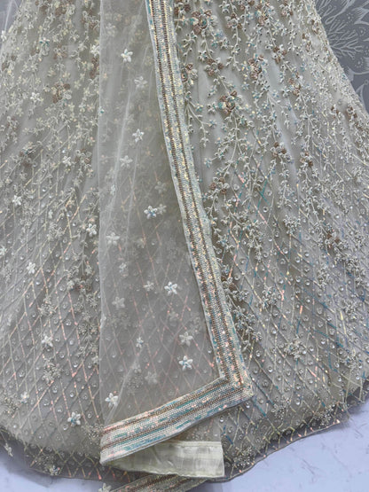 Dazzling Beige Zari Work Net Evening Wear Lehenga Choli With Dupatta