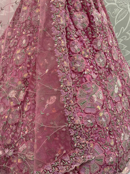 Tremendous Pink Dori Embroidery Net Bridesmaid Lehenga Choli