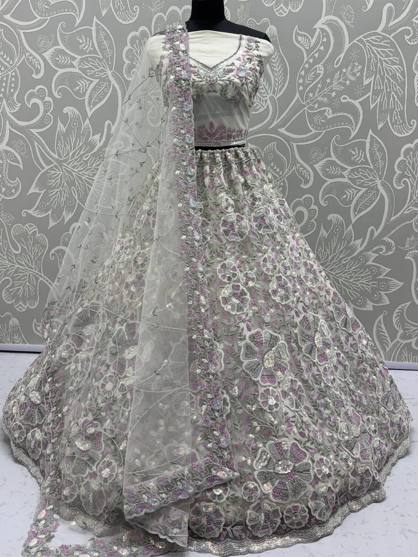 Fabulous White Diamond Work Net Designer Lehenga Choli With Dupatta