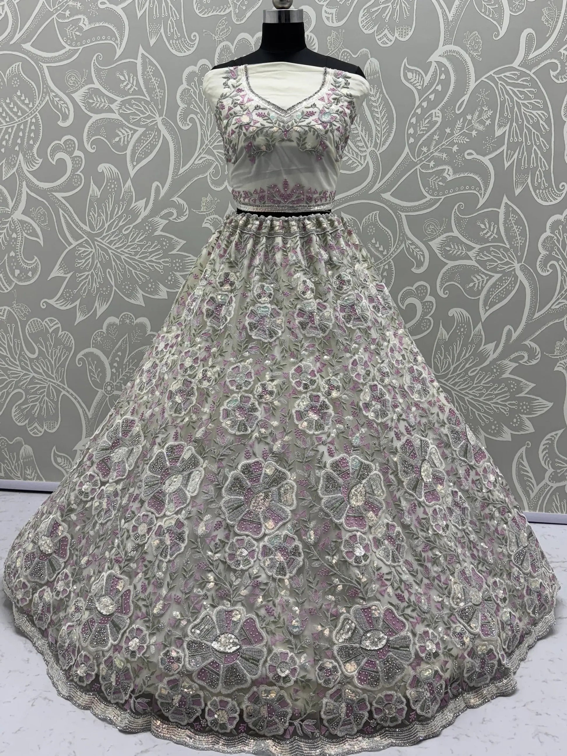 Fabulous White Diamond Work Net Designer Lehenga Choli With Dupatta