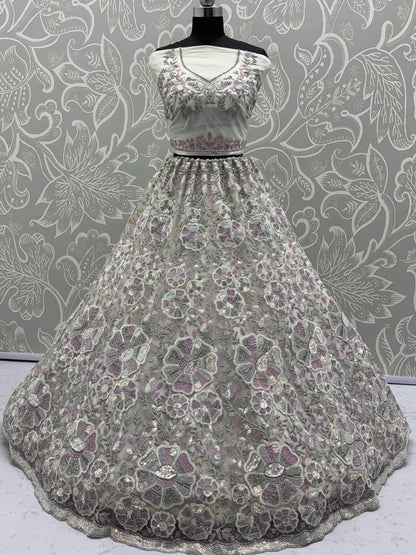 Fabulous White Diamond Work Net Designer Lehenga Choli With Dupatta