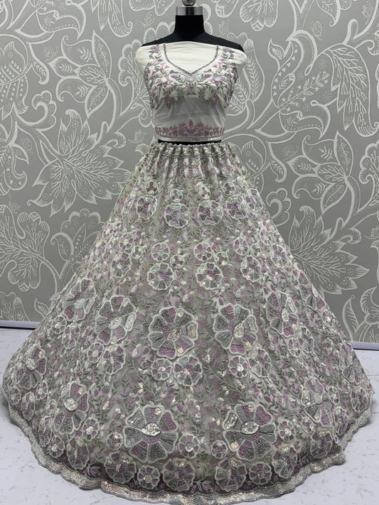 Fabulous White Diamond Work Net Designer Lehenga Choli With Dupatta