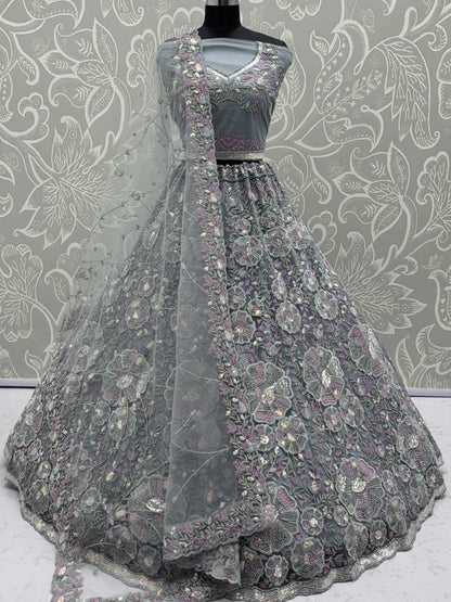 Great Grey Multi Thread Work Net Reception Wear Lehenga Choli With Dupatta
