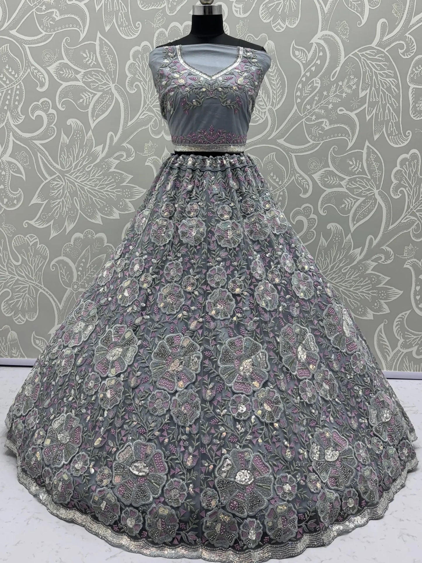 Great Grey Multi Thread Work Net Reception Wear Lehenga Choli With Dupatta
