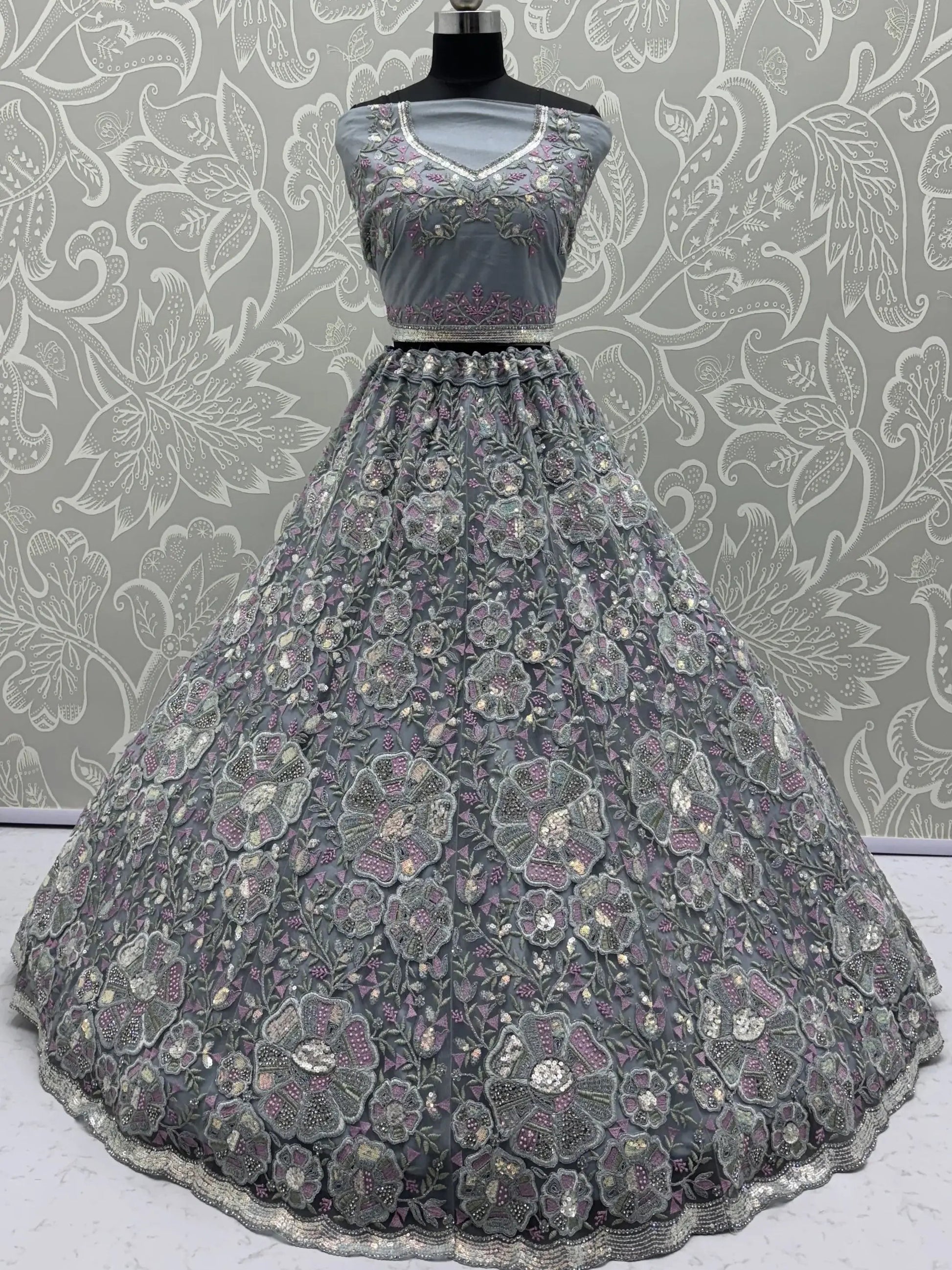 Great Grey Multi Thread Work Net Reception Wear Lehenga Choli With Dupatta