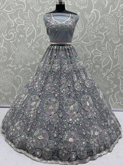Great Grey Multi Thread Work Net Reception Wear Lehenga Choli With Dupatta