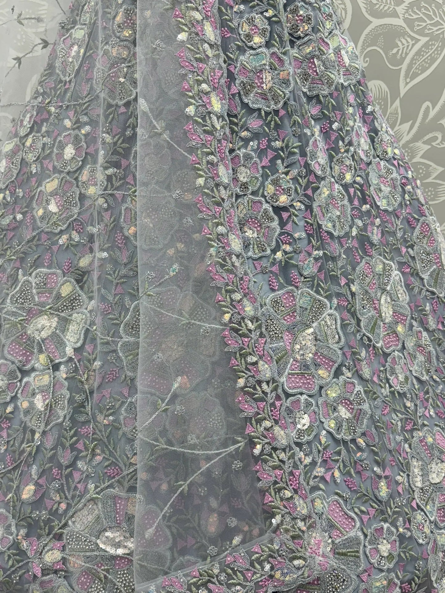 Great Grey Multi Thread Work Net Reception Wear Lehenga Choli With Dupatta