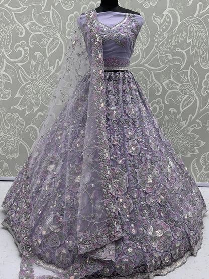 Imposing Lavender Sequins Work Net Wedding Wear Lehenga With Dupatta