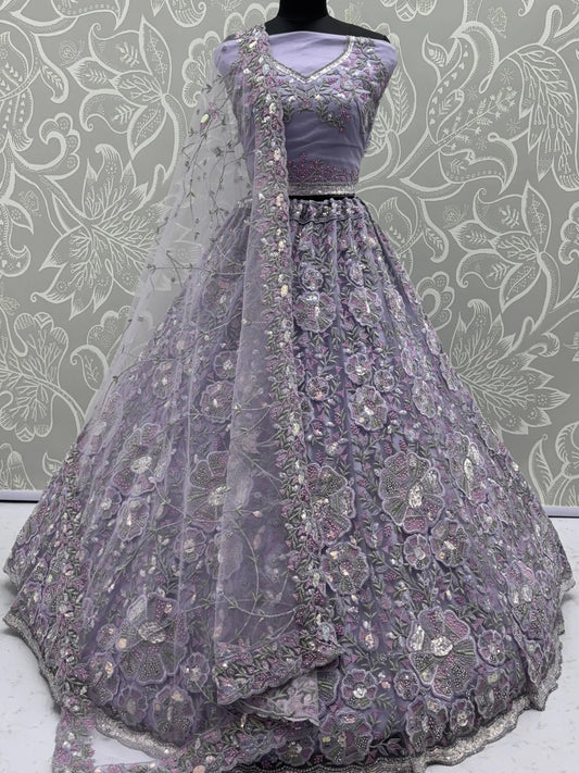 Imposing Lavender Sequins Work Net Wedding Wear Lehenga With Dupatta