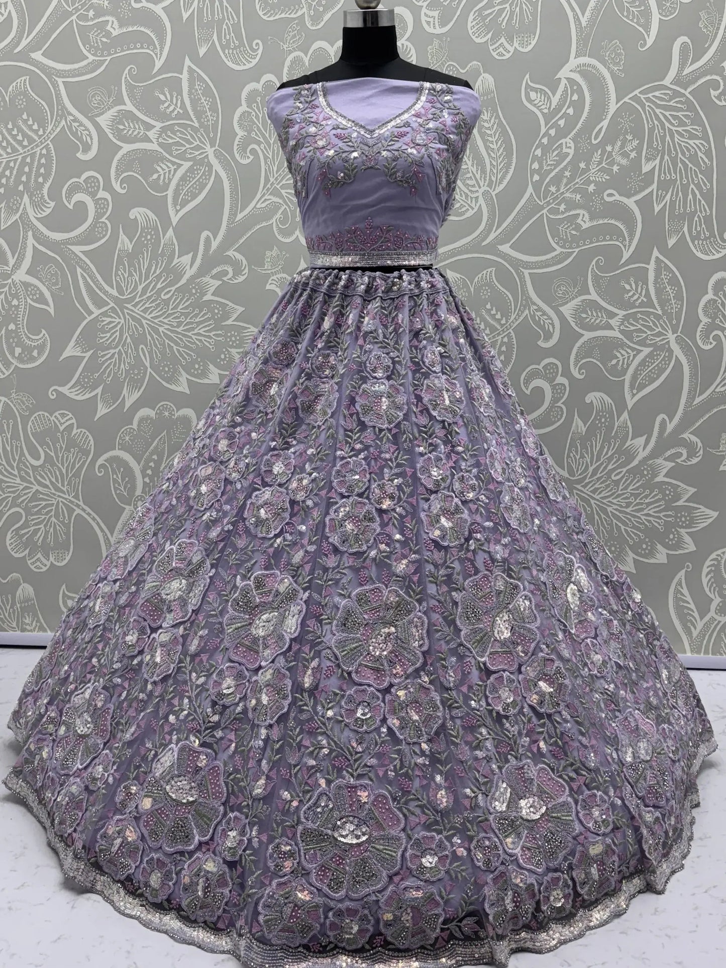 Imposing Lavender Sequins Work Net Wedding Wear Lehenga With Dupatta