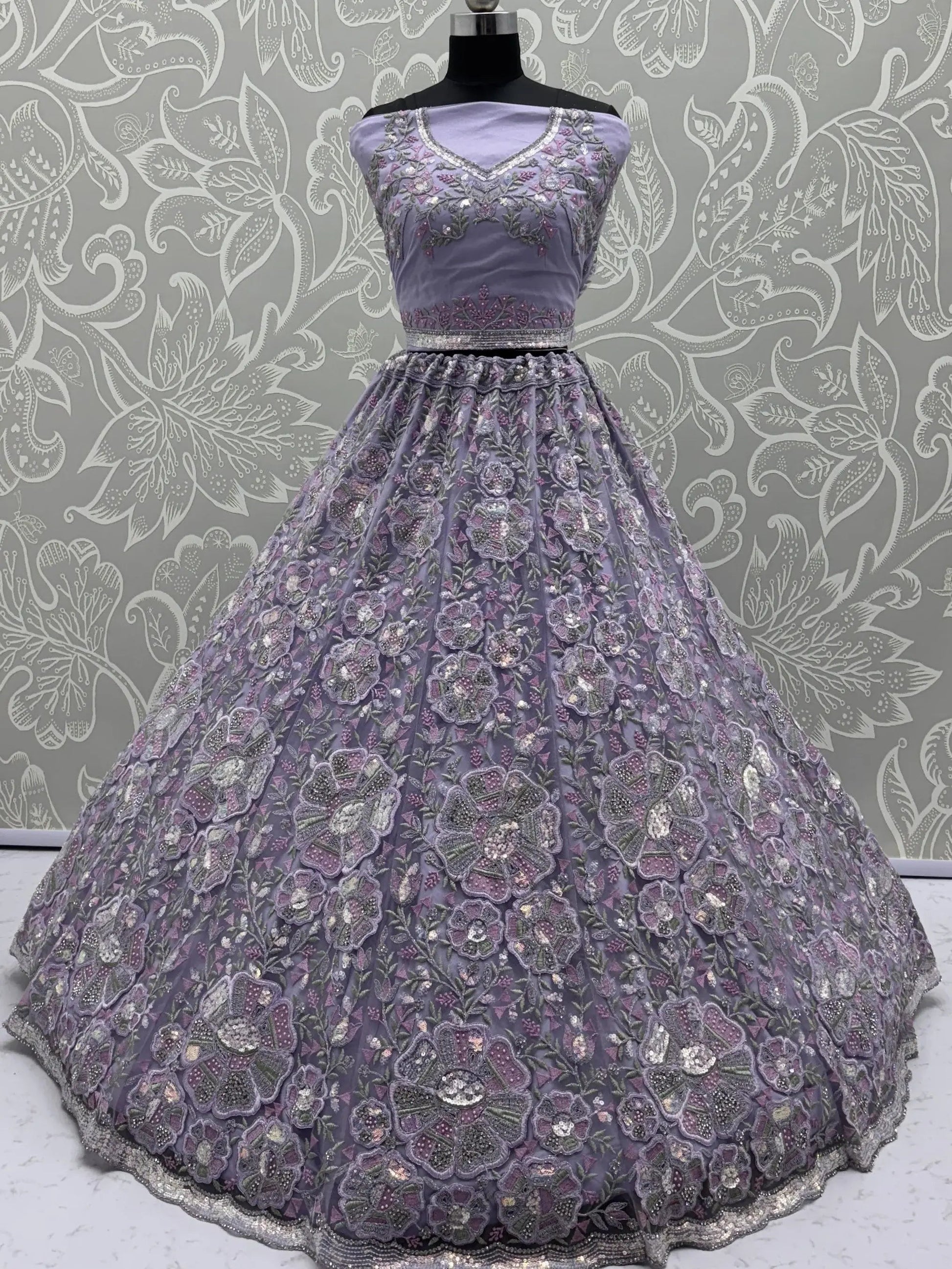 Imposing Lavender Sequins Work Net Wedding Wear Lehenga With Dupatta