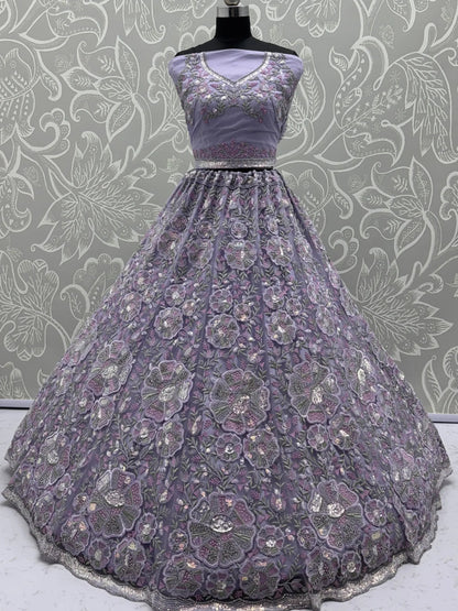 Imposing Lavender Sequins Work Net Wedding Wear Lehenga With Dupatta