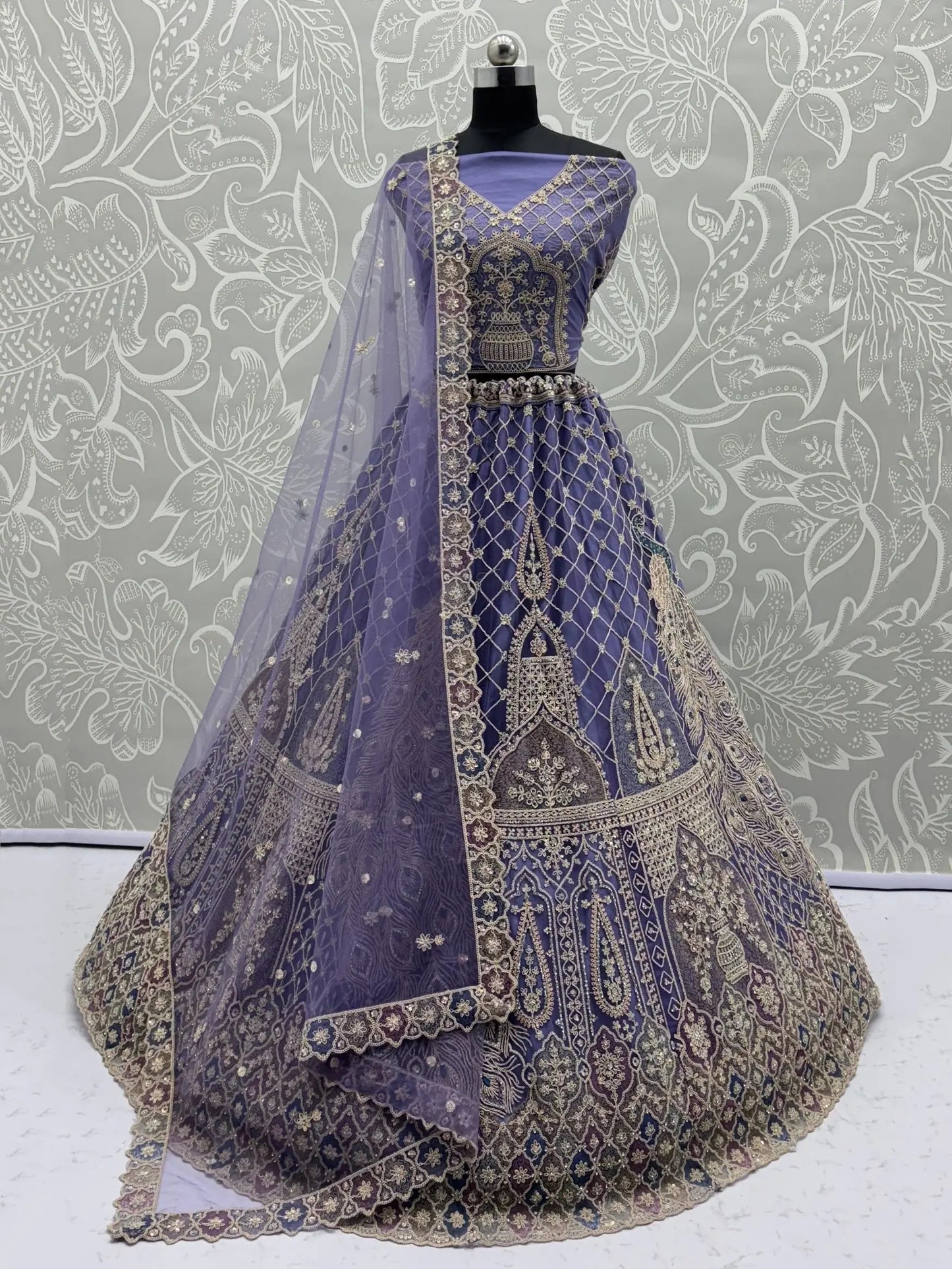 Captivating Purple Zircon Work Net Bridesmaid Lehenga Choli With Dupatta
