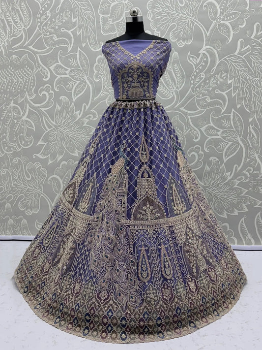 Captivating Purple Zircon Work Net Bridesmaid Lehenga Choli With Dupatta