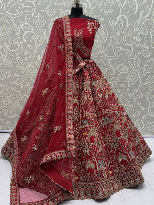 Glamorous Red Dori Embroidery Silk Bridal Lehenga Choli With Double Dupatta