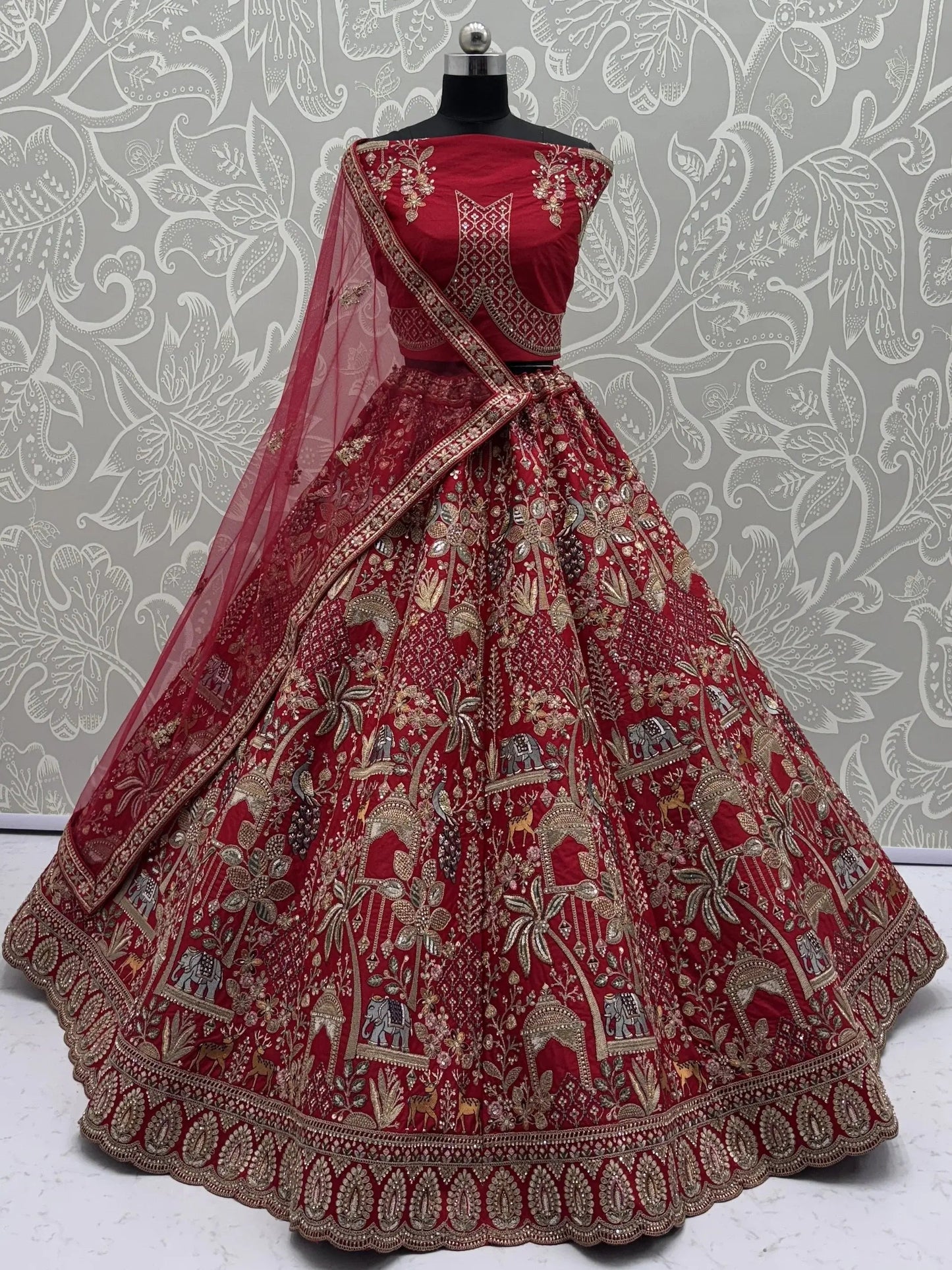 Glamorous Red Dori Embroidery Silk Bridal Lehenga Choli With Double Dupatta