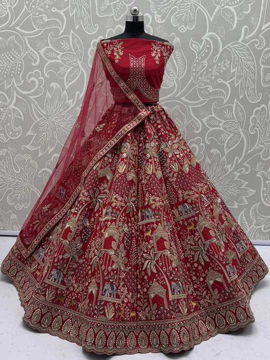 Glamorous Red Dori Embroidery Silk Bridal Lehenga Choli With Double Dupatta