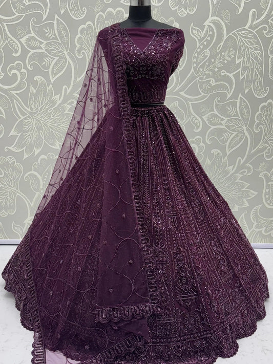 Monochrome Wine Sequins Embroidery Net Sangeet Wear Lehenga Choli