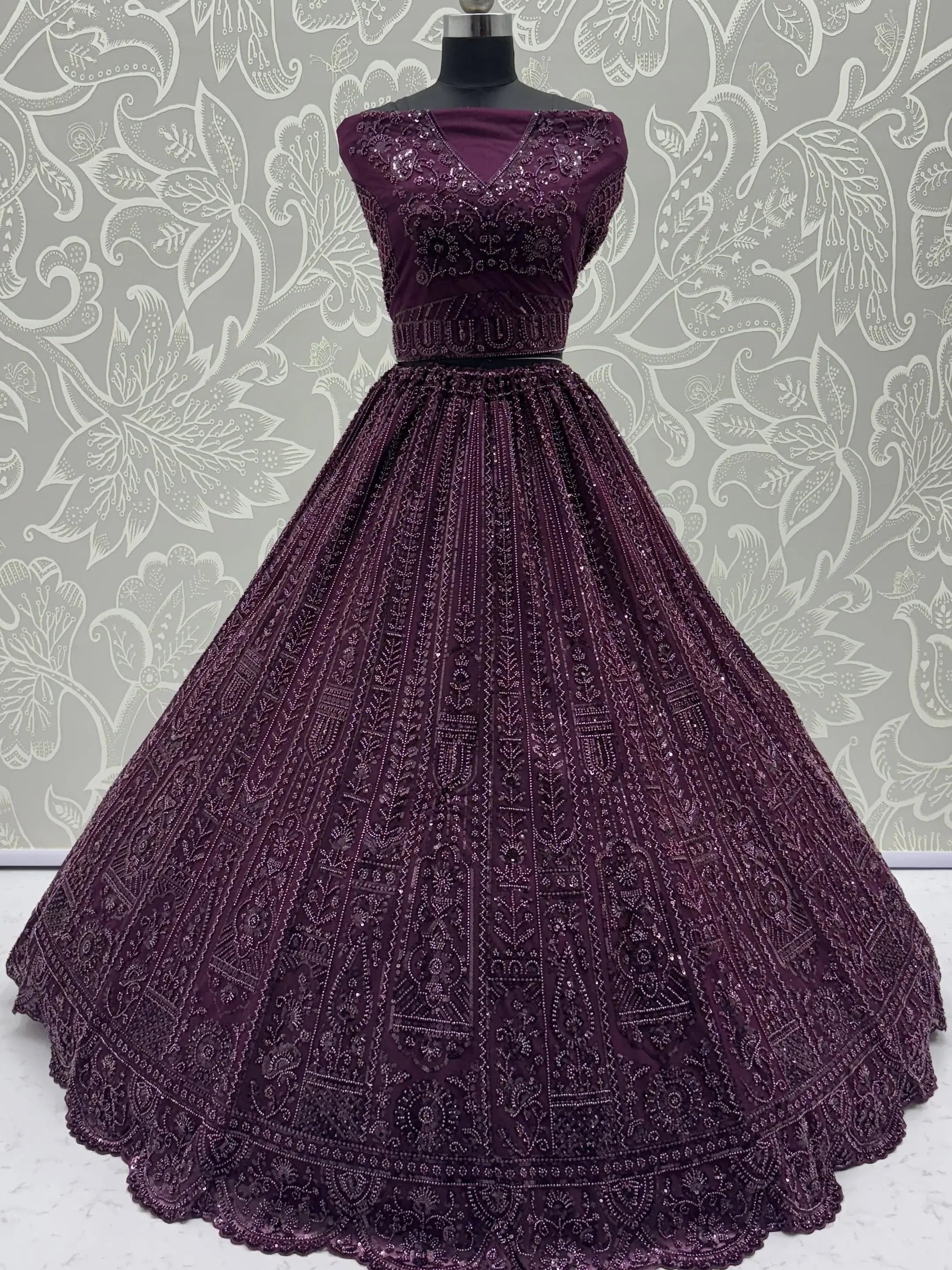 Monochrome Wine Sequins Embroidery Net Sangeet Wear Lehenga Choli